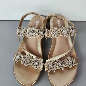 Temofon Flat Gold Sandals Floral Rhinestone Dress Shoes Summer Size 9
